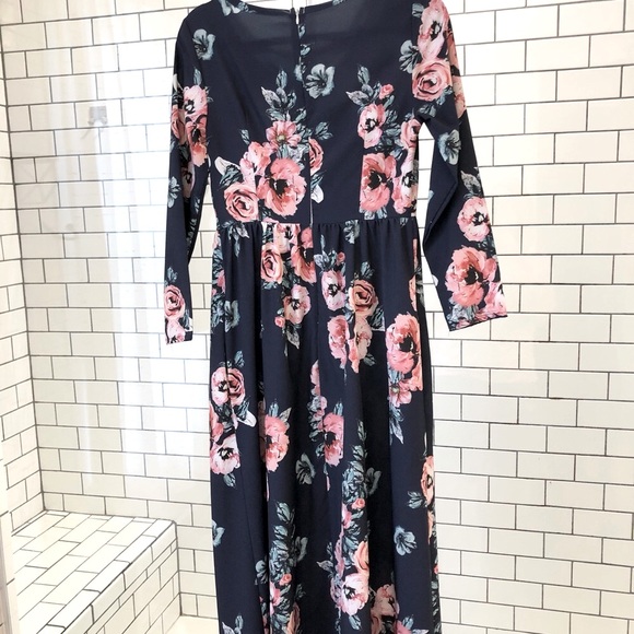 Floral Maxi Dress Women's Size Medium Navy & Pink Long Sleeve With Pockets - Picture 6 of 6